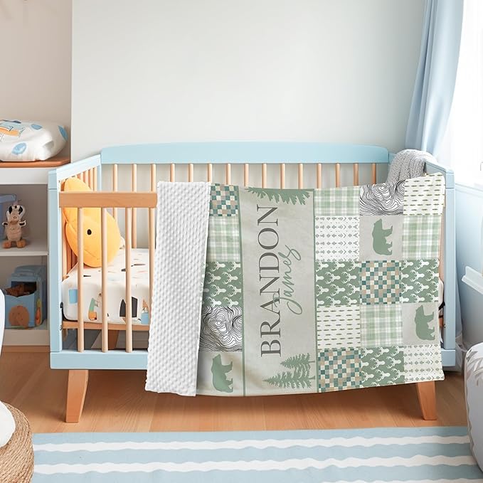 Personalized Rustic Woodland Baby Blanket - Custom Name Bear & Deer Design, Soft Blanket with Double Layer Dotted Backing for Infants Toddlers, Ideal Nursery Decor (60" x80)