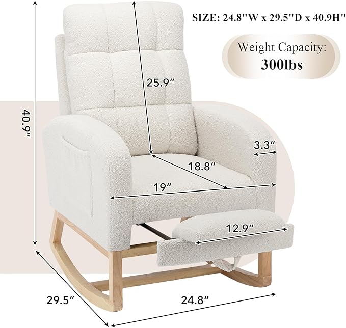 Nursery Rocking Chair, Polyester Upholstered Glider Chair with Footrest, Comfy Rocker Chair, Accent Chair with High Backrest, Glider Rocker, Armchair for Living Room (White Teddy)