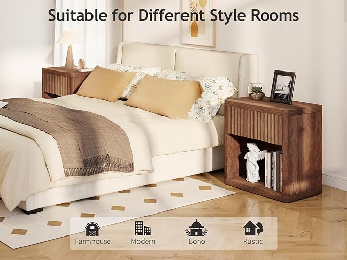Night Stand Set of 2, Fluted Nightstand with Drawers, Wood Bedside Table with Storage, Mid Century Nightstands Night Stands Bed Side Table for Bedroom, Side Tables End Tables for Living Room