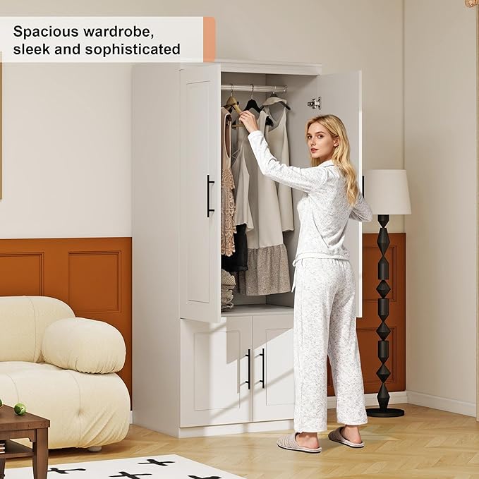 Armoire Wardrobe Closet with 2 Door, White Wood Wardrobe Closet Cabinet Wooden Bedroom Armoire with Hanging Rods & Shelves for Home/Bedroom/Living Room Style-52