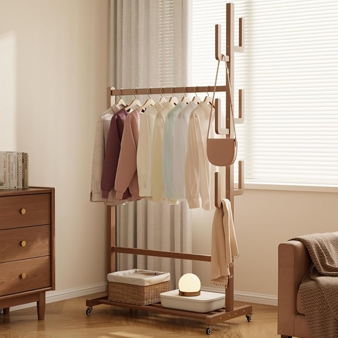 Solid Wood Clothing Rack, Rolling Clothes Racks for Hanging Clothes, Heavy Duty Garment Rack with Wheels, Hanging Rack with 6 Cactus Hooks and Storage Shelf, Easy Assembly, Walnut