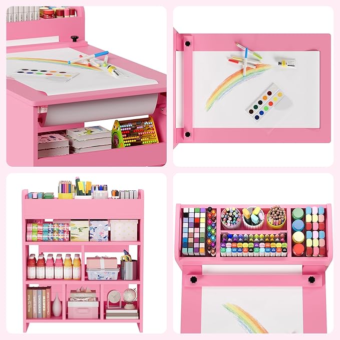 Kids Art Table and 2 Chairs, Craft Table with Large Storage Shelves,Toddler Wooden Drawing Desk Activity & Crafts Children's Wooden Furniture for Classroom Daycares,Home