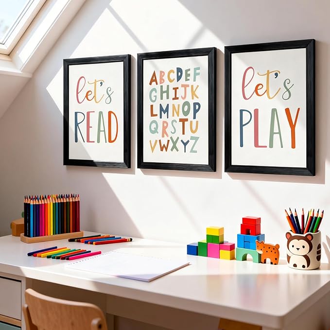 3 PCS Alphabet Framed Playroom Wall Decor,Classroom Must Haves Boho Educational ABC Poster Wooden Sign for Baby Girl Kid Boy Toddlers,Neutral Preschool English Letters Nursery Decor for Homeschool Kindergarten Kids Learning Black