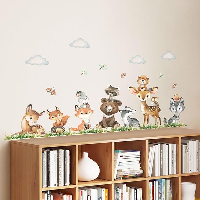Tanlaby Jungle Animals Wall Stickers Forest Animal Wall Decals Cute Fox Bear Giraffe Self-Adhesive Mural Removable Wall Art Sticker for Baby Nursery Kids Bedroom Playroom Daycare Classroom Decor