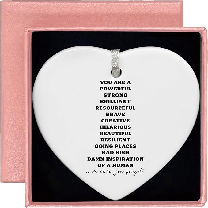 Inspirational Quotes Gifts-Positive Motivational Heart Shaped Christmas Ornament-Encouragement Gift for Women Men-Funny Reminder You are Powerful Strong Brave Ceramic Keepsake for Office Home Decor