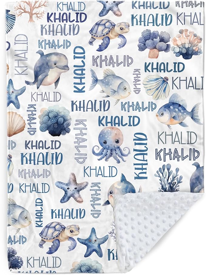 Personalized Baby Blanket with Name, Customized Blanket for Newborn Boys Girls, Ocean Animals Flannel Baby Name Blanket with Dotted Backing, Receiving Swaddle, Gifts for New Parents(30”x40)