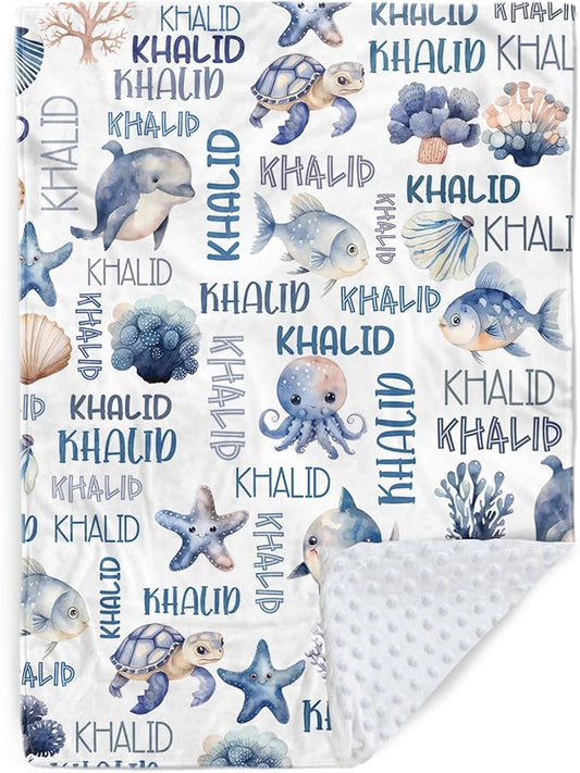 Personalized Baby Blanket with Name, Customized Blanket for Newborn Boys Girls, Ocean Animals Flannel Baby Name Blanket with Dotted Backing, Receiving Swaddle, Gifts for New Parents(47" x60)