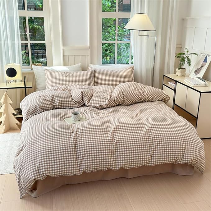 Nayoroom Brown Gingham Comforter Set Twin Size Tan Plaid Checkered Comforter 2 Pieces Soft Lightweight Grid Farmhouse Dorm Bedding Set for All Seasons