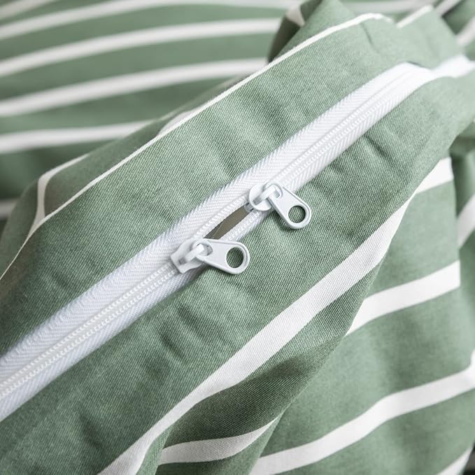 JELLYMONI King Duvet Cover Set, Cotton Duvet Cover 3 Pieces with Zipper Closure, 1 Duvet Cover and 1 Pillowcases(Green with White Striped)