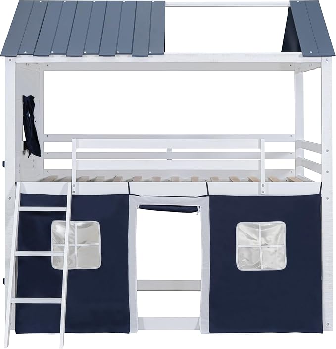 MERITLINE Full Over Full Princess Castle Bunk Bed with Tent,Ladders and Guardrail, Solid Wood Playhouse House Floor Bunk Bed with Windows and Roof (Full,Blue & White)