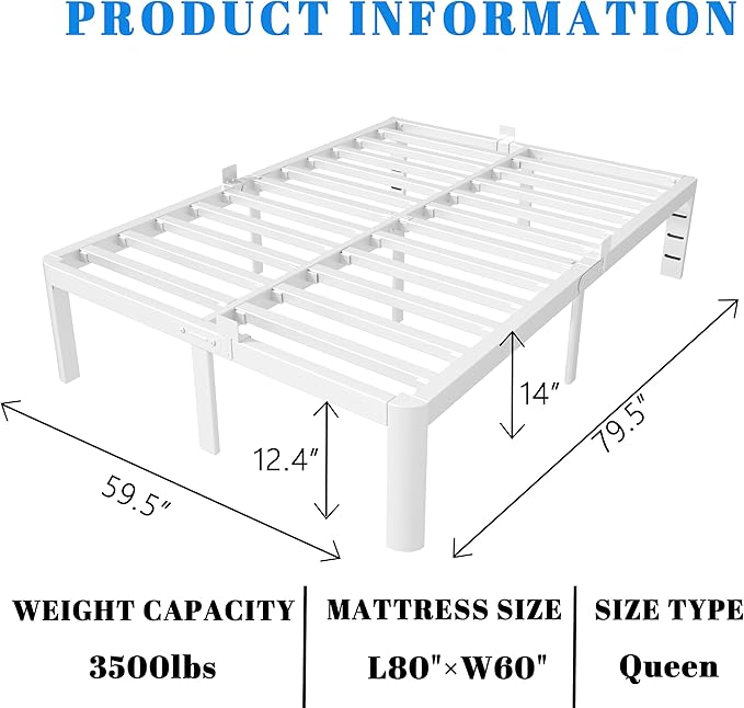 14 Inch Queen Bed Frame, White Bed Frame Queen Size with Metal Baffles, No Box Spring Needed, Heavy Duty Steel Platform Suppot, Round Corner Design, Reserved Holes, Noiseless, Storage Space