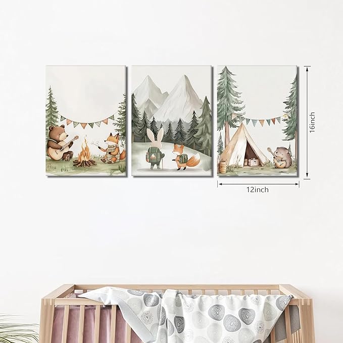 AKWISH Nursery Woodland Animals Canvas Wall Art, Cute brave Bear Fox Rabbit Hedgehog Nursery Wall Decor, Framed Wildlife Camping Picture Prints for Kids Room Baby Bedroom – 12x16in