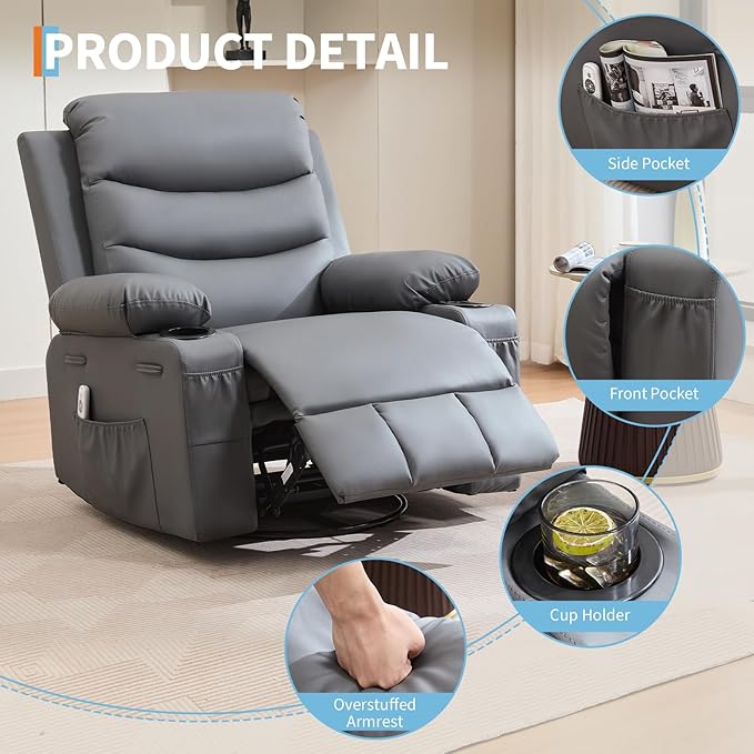Leather Recliner Chair Nursery, Oversized Manual Reclining Rocking Chair, 360 Swivel Glider with Cup Holder, Massage and Heat Recliner, Indoor Small Single Sofa Chairs for Adults, RV, Bedroom, Gray