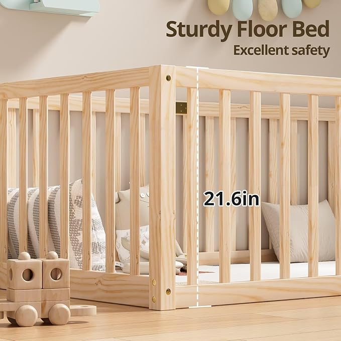 LLS Queen Size Floor Bed with 21.6" High Fence for Kids Boys Girls, Solid Wood Multifunctional Montessori Bed Frame with Door, Without Slats, Natural