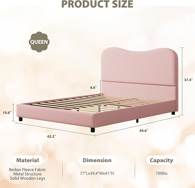 Senfot Pink Boucle Bed Frame with Upholstered Headboard, Soft Low Profile Sturdy Platform Bed with Rounded Corners Design, Heavy Duty, Wooden Slats, Noise Free, No Box Spring Needed, Queen Size