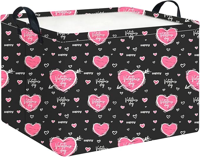 CLOCOR Rectangular Black Heart Gift Basket for Valentines' Day, Collapsible Cute Pattern Storage Bin,Waterproof Books Box with Handles,Gift Basket(Happy Valentine)