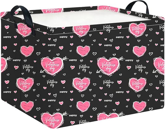 CLOCOR Rectangular Black Heart Gift Basket for Valentines' Day, Collapsible Cute Pattern Storage Bin,Waterproof Books Box with Handles,Gift Basket(Happy Valentine)