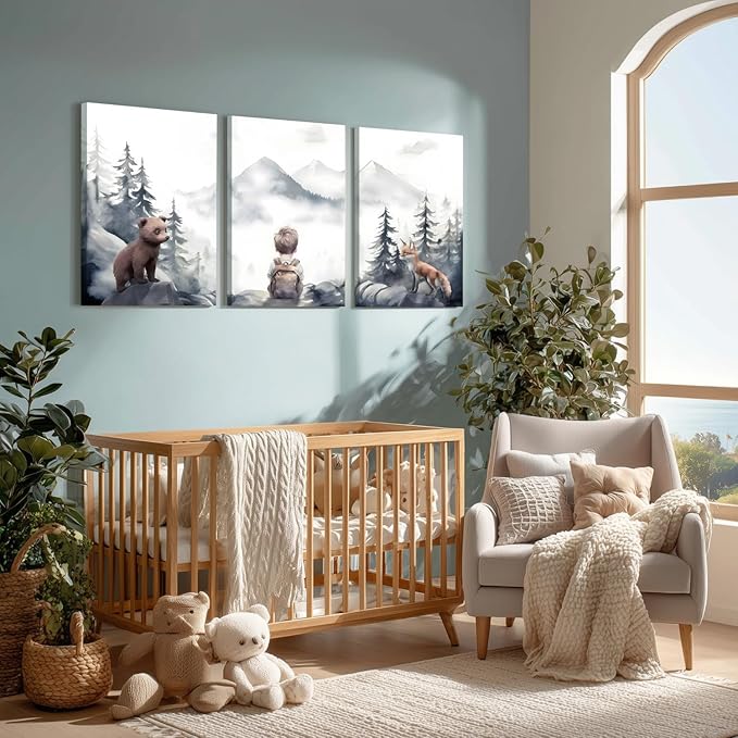 kilamino Neutral Woodland Wild Animal Wall Art, Cute Bear Fox Nursery Wall Decor, Adventure Boy Poster Prints, Vintage Forest Animal Canvas Paintings for Baby Room Classroom Playroom Framed 12"x16"x3