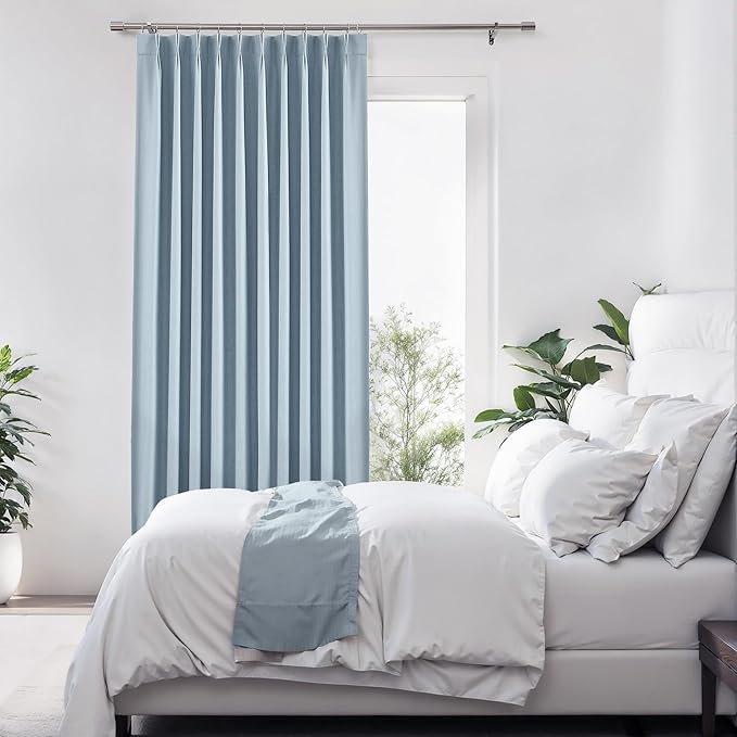 Central Park Pinch Pleat Full Blackout Curtain Panel Linen Texture Thermal Insulated Drapery with Full Blackout Liner for Farmhouse Bedroom Window Treatment Sets with Hooks, Dusty Blue, 60"x108"x1