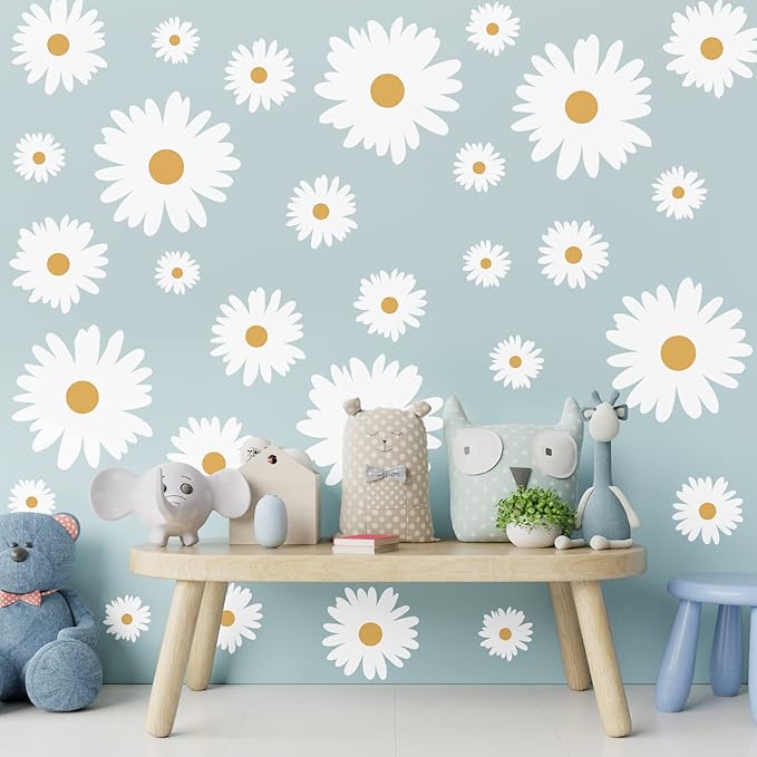 TaoBary 12 Sheets Daisy Wall Decal Flower Wall Sticker Cute Daisy Sticker Pink White Flower Decal Peel and Stick Floral Wallpaper for Nursery Bedroom Home Decor(White, Yellow,Multi Petal Style)