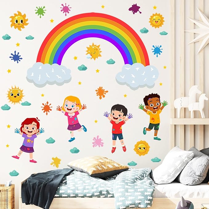 Rainbow Wall Decals Colorful Kids Wall Stickers for Classroom, Inspirational Sun Clouds Wall Decals Watercolor Splatter Sunny Art Murals for Girls Room Nursery Playroom Decorations