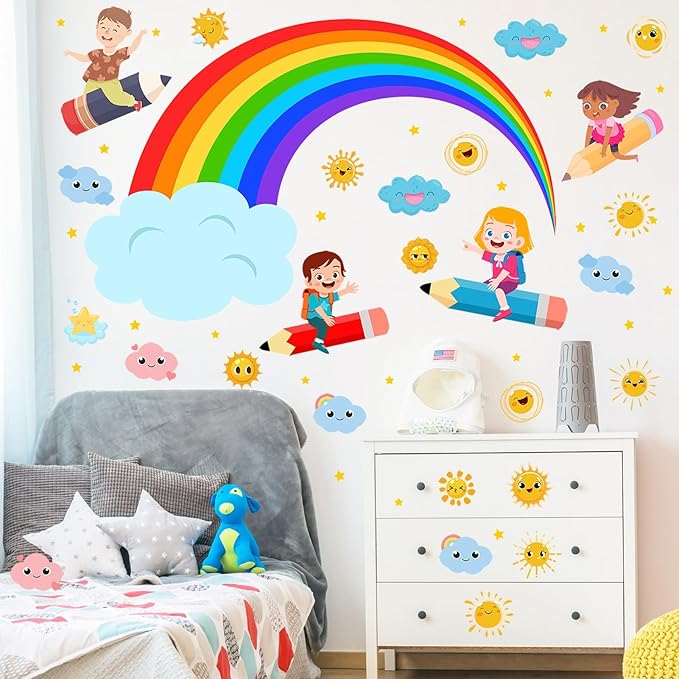 Rainbow Wall Decals Cloudy Sun Wall Stickers for Classroom, Watercolor Rainbow Cloudy Wall Decals Flying Girls Boys Wall Stickers Inspirational Art Murals for Nursery Playroom Kids Room
