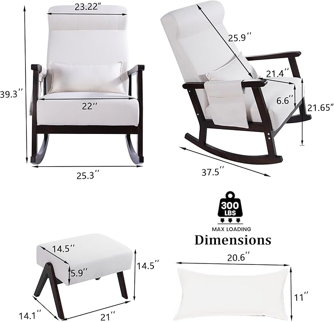 NOBLEMOOD Rocking Chair with Ottoman, Upholstered Nursing Glider Rocker with Side Pocket & Pillow, Comfy High Back Reading Chair with Solid Wood Legs for Nursery/Living Room/Bedroom