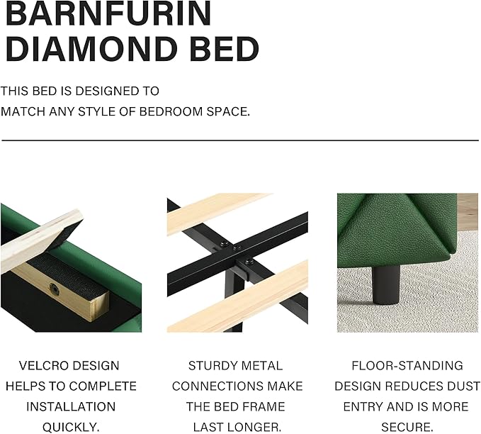 BarnFurin Full Size Bed Frame with Headboard, Faux Leather Upholstered Bed with Diamond Tufted Design, Mordern Bed Frame with Wooden Slats Suppor, No Box Spring Required, Easy Assembly, Green