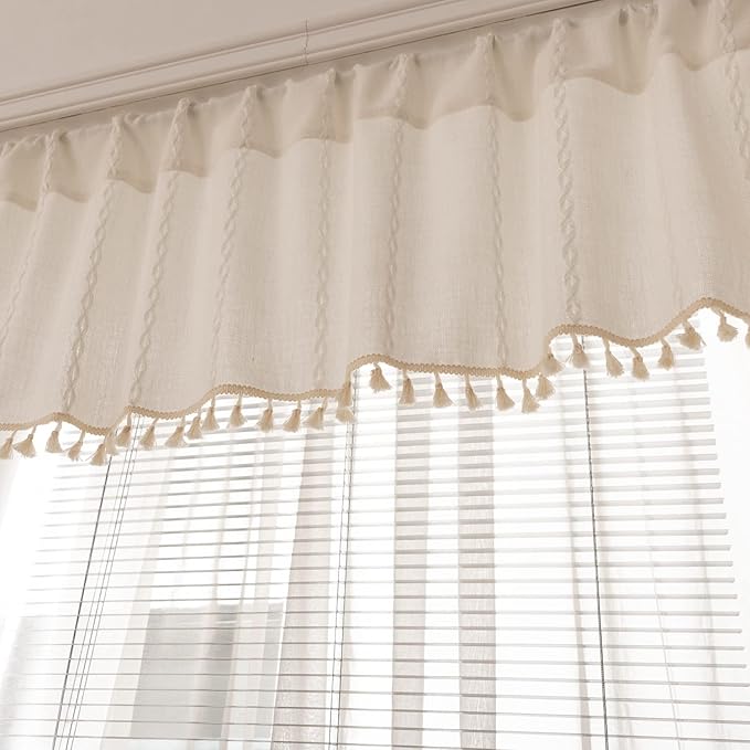 Deeprove White Boho Tassel Valance for Cafe Kitchen Decor, Bohemian Farmhouse Cream Cotton Linen Short Curtains French Country Window Treatments Tier Panel, W52 x L18, 1 Piece