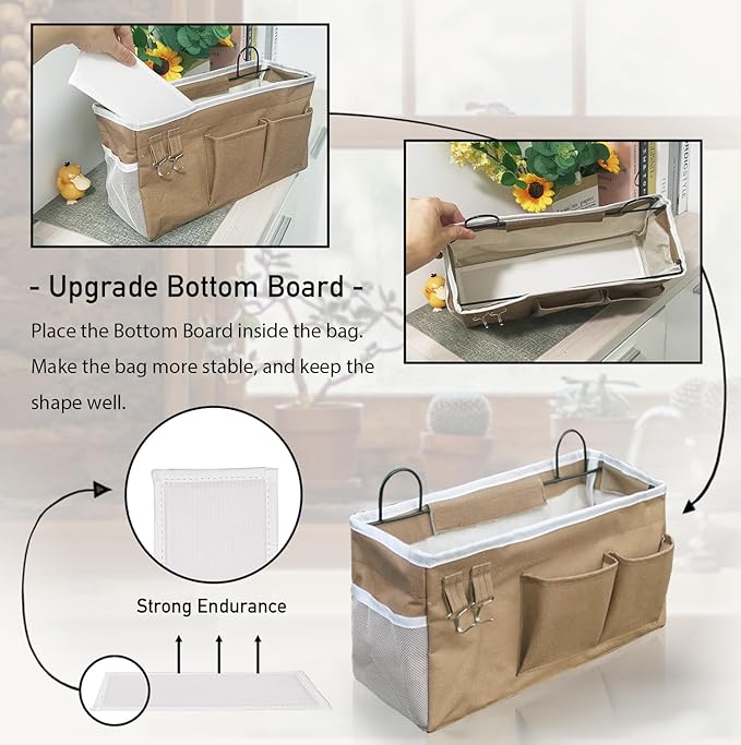 2pcs Large Wall Hanging Organizer Bag, Linen Fabric Door Hanging Storage Baskets with Pockets, Waterproof Bin for Kitchen, Bedroom, Office, RV Camper (Khaki)