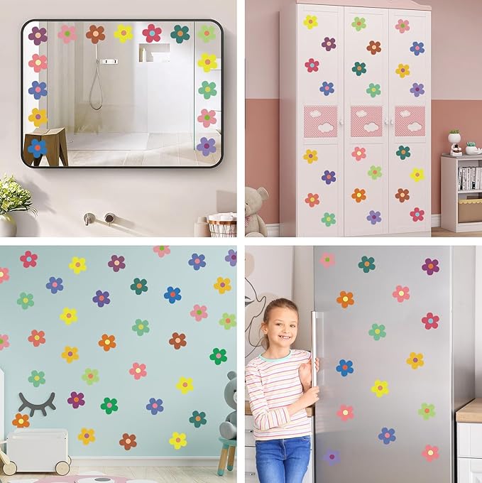 12 Sheets Daisy Wall Decals, Bright Colors Floral Wall Decor, Daisy Flower Walls Art Stickers for Kids Girls Nursery Bedroom Living Room, Vinyl Peel and Stick