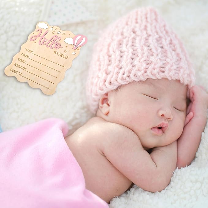 Baby Announcement Sign,Wooden Hello World Newborn Signs Birth Announcement Sign and Pen for Baby Shower Hospital Nursery Newborn Boys and Girls (Pink)