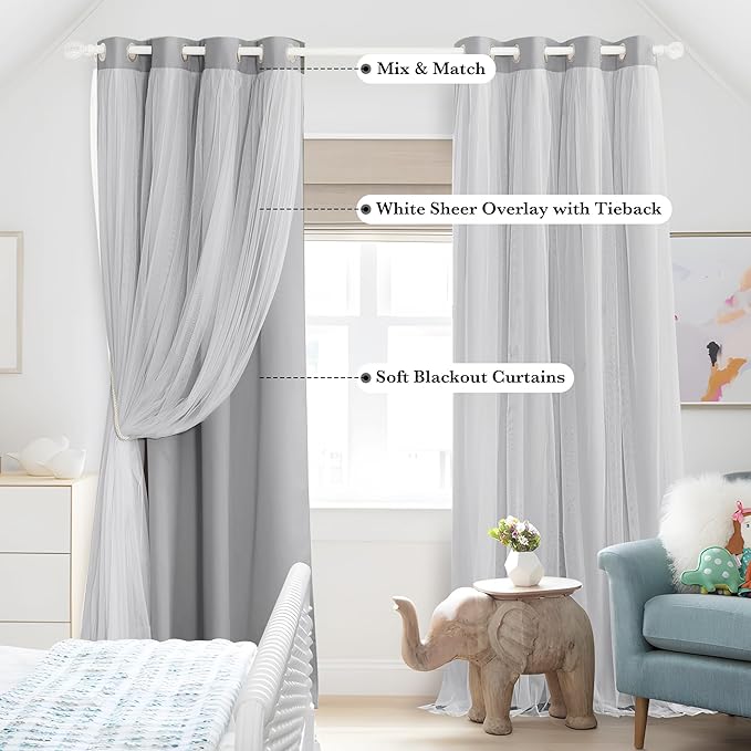 PONY DANCE Double-Layered Curtains White Sheer Solid Blackout Curtains 72 Inch Length Grommet Thermal Insulated Panels for Nursery Living Room/Sliding Glass Door (W52xL72, Silver Grey, One Pair)