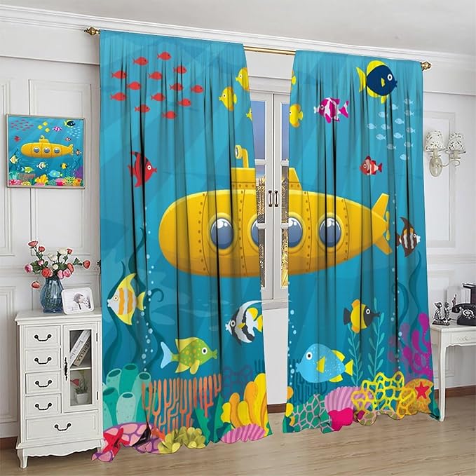 Boy Window Curtains Submarine Window Drapes Yacht Window Treatments Underwater World Oasis Thermal Drapes for Kids Girls Toddler Teens Room Dorm Decor Set 2 Panels,52x84 Inches, Style-1