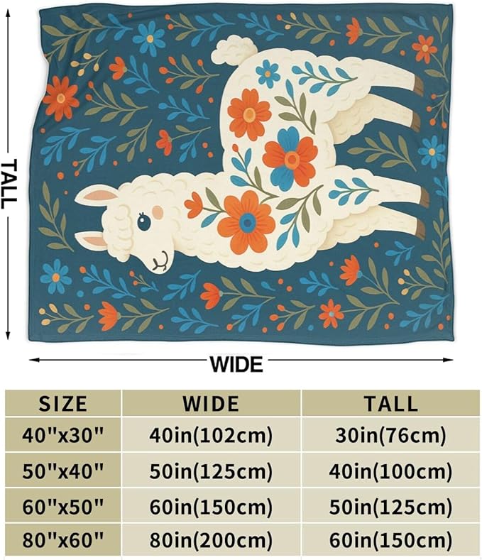 Alpaca Blanket Floral Boho Alpaca Llama Throw Blanket Soft Cozy Fleece Fuzzy Plush Warm Stuff Bedding Nursery Toddler Mexican Blankets Gifts for Boys Girls Kids Adult Men Women 60"X80"