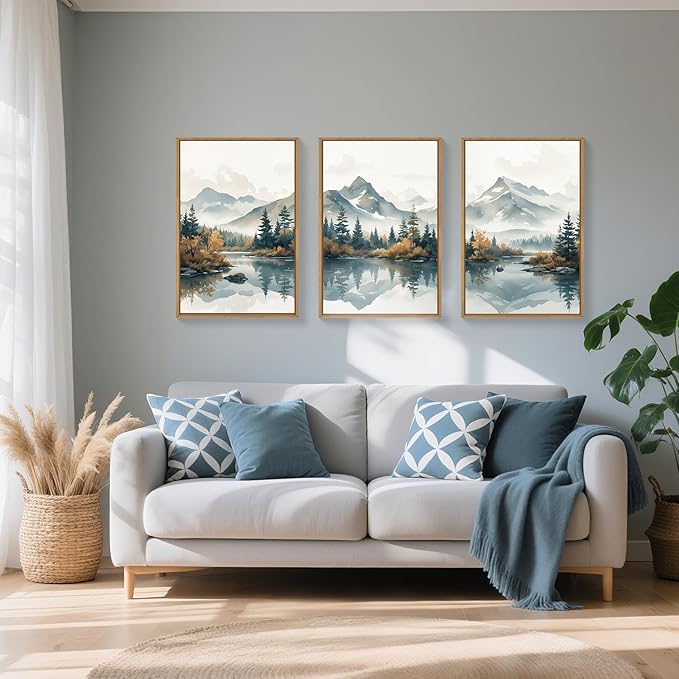 HLNIUC Winter Christmas Mountain Wall Art Framed,Large White Snowy Forest Decor Set of 3 (24"x36"), Watercolor Nature Lake Foggy Landscape Canvas Painting for Living Room, Bedroom, Office