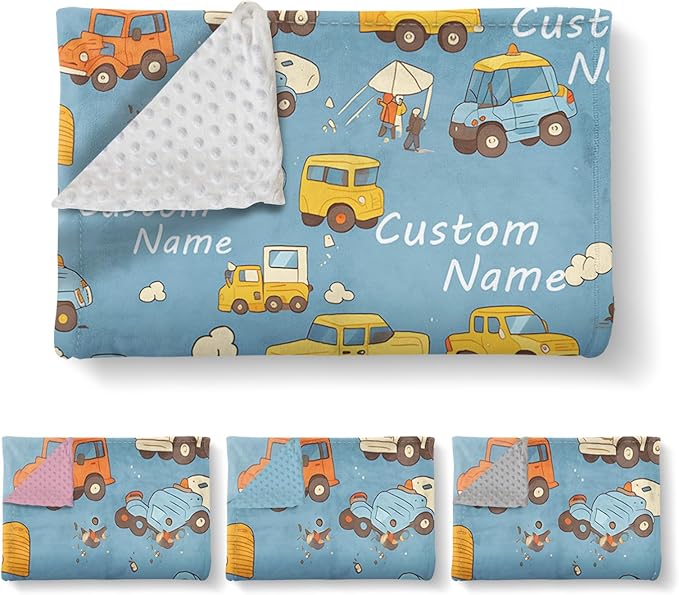 Custom Baby Blanket - Cartoon Cars Design Personalized Name Blanket, Soft Flannel Dot Infant Toddler Blanket for Boys, Customizable Nursery Bedding (60" x80)