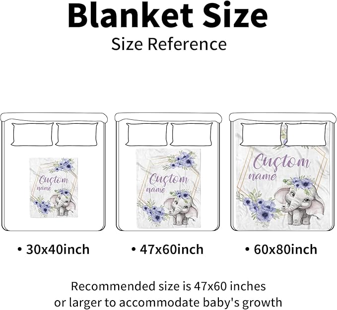 Personalized Baby Blankets for Girls, Custom Name Purple Flower Elephant Design Baby Blanket, Soft Receiving Blanket for Newborns and Toddlers, Ideal for Baby Showers and Nursery Decor
