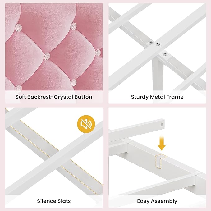 BTHFST Twin Szie Girls Bed with LED Lights & Charging Station, Princess Twin Size Bed Frame with Hidden Storage Headborad, Sturdy Platform Bed, No Box Spring Needed/Noise-Free/Easy Assembly, Pink