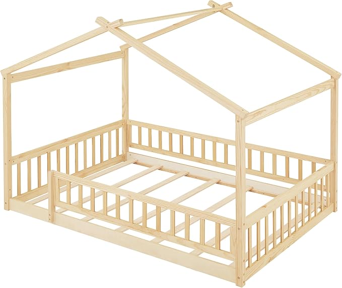 Merax Full Size Wooden House Bed with Fence, Wood Bed Frame with Roof and Safety Guardrail for Kids, Teens, Boys or Girls, Natural
