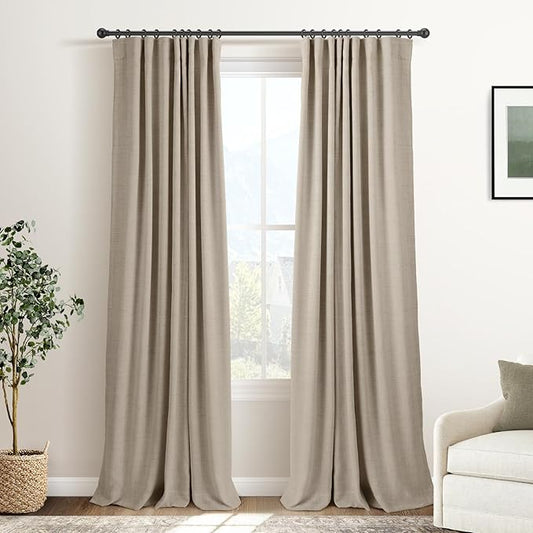 INOVADAY 100% Blackout Curtains for Bedroom, Black Out Curtains 90 Inch Long, Clip Rings Linen Blackout Drapes, Thermal Insulated Room Darkening for Living Room, 2 Panels - Earthy Beige,W50xL90