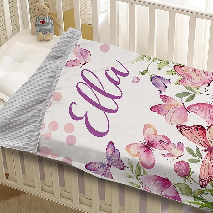 Personalized Baby Blanket for Girls, Custom Name Blanket for Newborn New Mom, Soft Flannel with Double Layer Dotted Backing, Ideal Gifts for Baby Shower Christmas Birthday, Butterfly(47" x60)