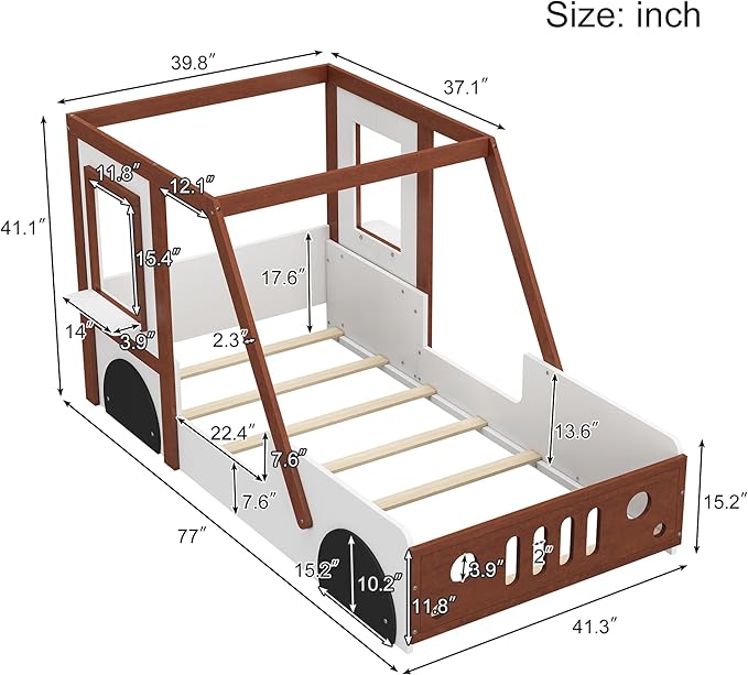 Cute Fun Play Design Twin Size Car Bed,Kids Platform Bed with Car-Shaped Headboard and 2 Windows,Solid Wood Car Bed Frame with Strong Slatted Support for Kids Teens,Can be Decorated
