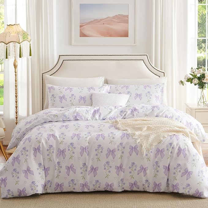 Purple Bow Duvet Cover Queen 3Pcs Girls Floral Duvet Cover Set, Cute Romantic Princess Style Bowknot Bedding Set Soft Microfiber Garden Flower Bedding with 2 Pillowcases(No Comforter)