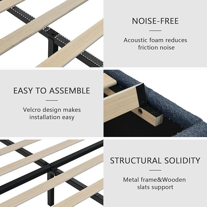 Boucle Upholstered Bed Frame King Size, Low Platform Bed King, Modern Soft Style, Adjustable Headboard, No Box Spring Needed, Easy Assembly, Blue