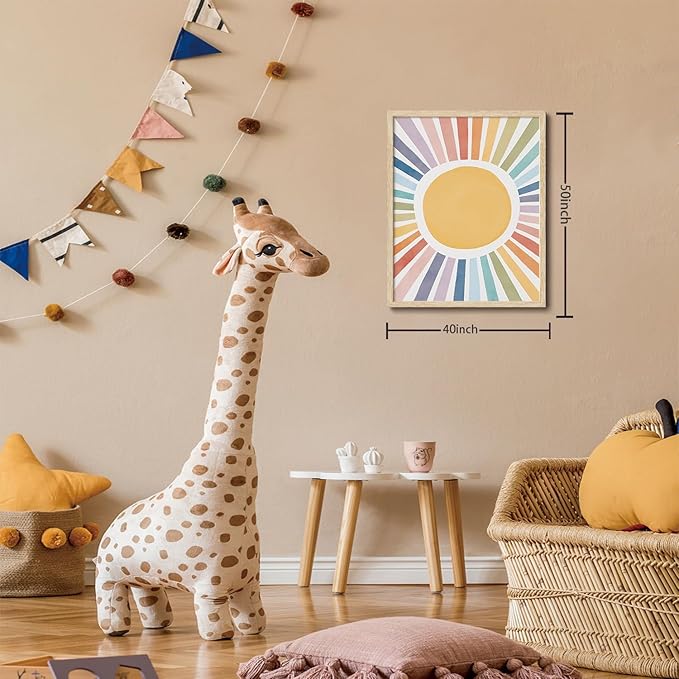 KISSFOX Framed Wall Art Nursery Wall Decor Sunshine Pictures Kids Cute Rainbow Canvas Art Colorful Sweet Paintings Boho Sunburst Artwork For Children Boys Girls Room Playroom