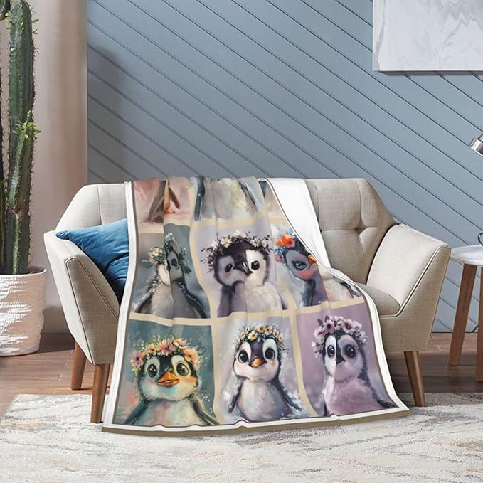 Penguin Blanket Cute Animal Throw Blanket Flannel Stuff Merch Cozy Decor Fleece Plush Fuzzy Warm Soft Lightweight Bedding Gifts for Penguin Lover Women Men Girls Boy Couch 60"X50"