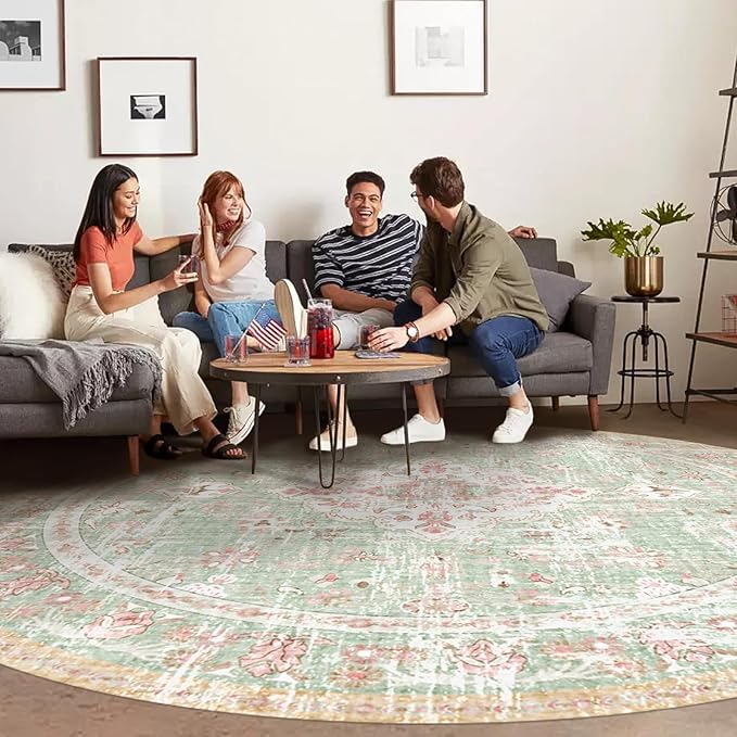 Vhong Boho Area Rugs Vintage Washable Modern Neutral Carpet Green and Pink 8×8 High Traffic Round Rugs for Dinning Room Living Room Bedroom Farmhouse Non Slip