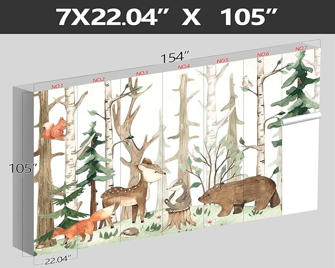 XMPMBM-Cartoon Hand-Painted Animals Woodland Nursery Room Fabric Wallpaper Graffiti Pine Forest Kids Gaming Room Wall Mural-W 154" X H 105"（112 Square Foot）