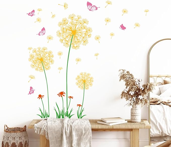 2 Sheets Dandelion Wildflower Wall Decals Art, Wall Art Stickers Peel and Stick Floral Butterflies Flying Decor for Girls Kids Women Baby Nursery Room Bedroom Bathroom Hallway Stairwell (Yellow)